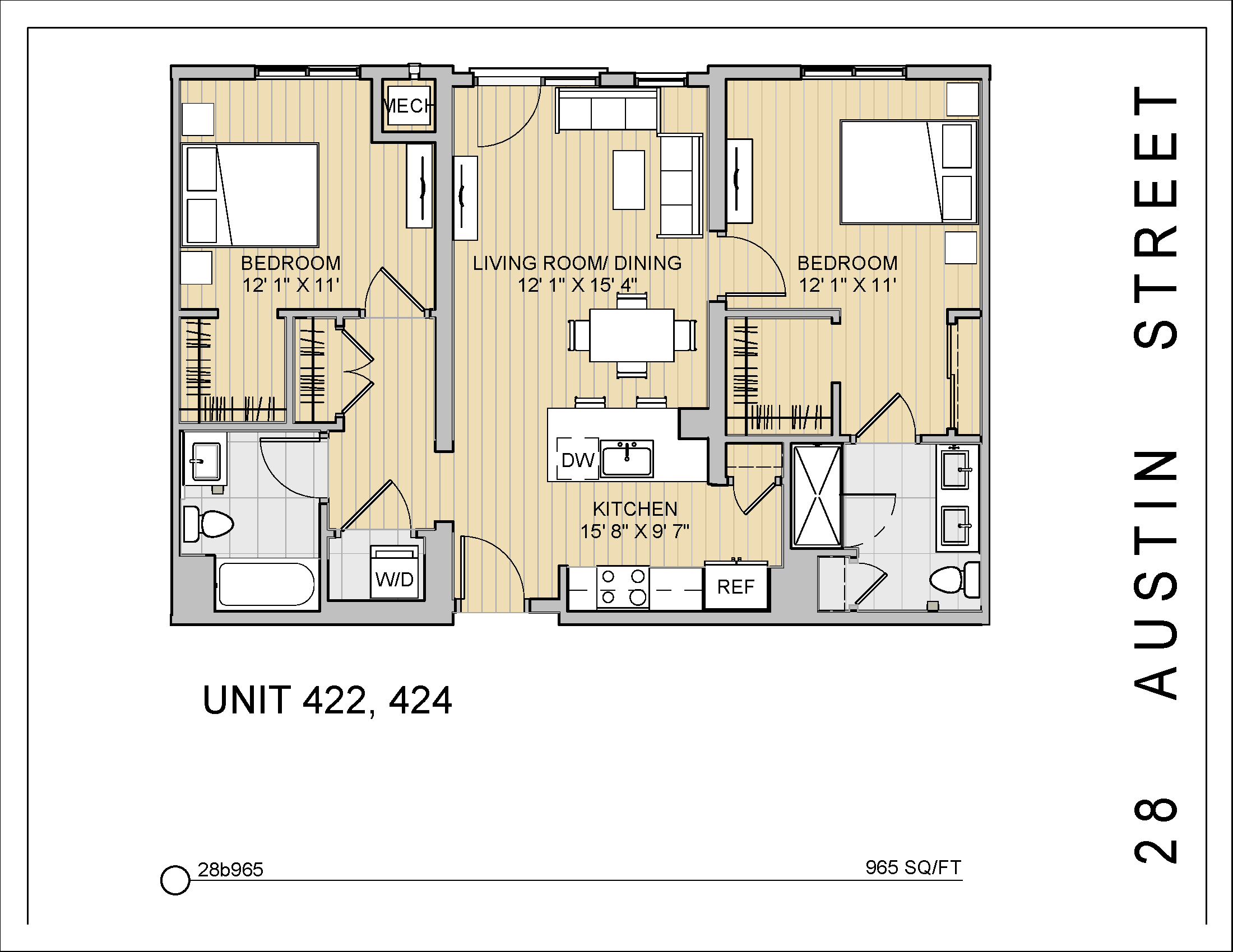 Floor plan for 2 beds, 2 baths, 965 sqft